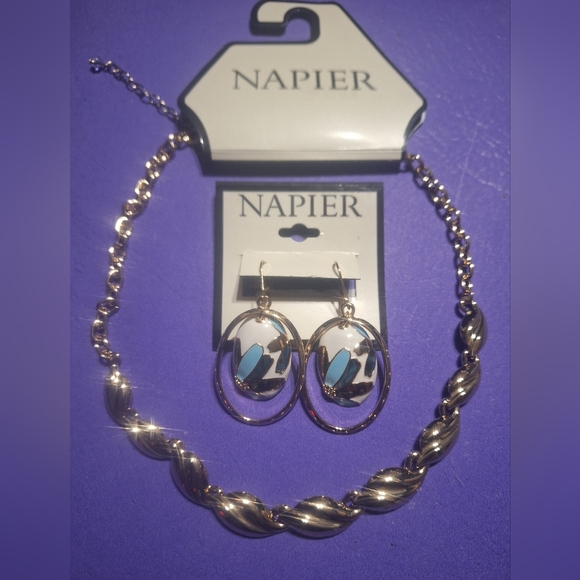 Napier Jewelry - Napier Brand Gold Tone Adjustable Necklace & Pierced Earrings With Blue Flowers
